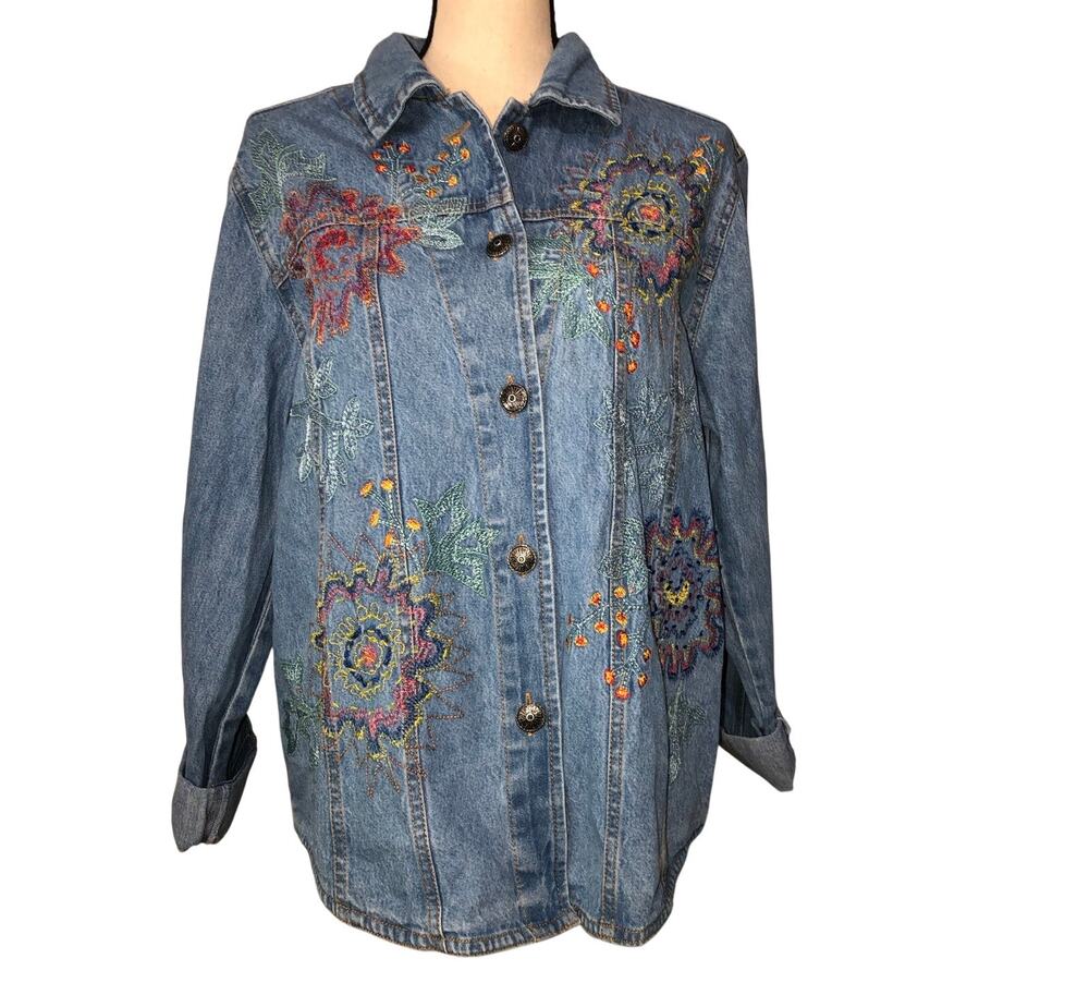 Vintage Embroidered Denim Shacket Shirt Jacket Beaded Floral Artwear Boho Size M